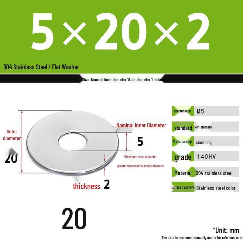 304 Stainless Steel Thickened Flat Washer Set, Sizes 2-36