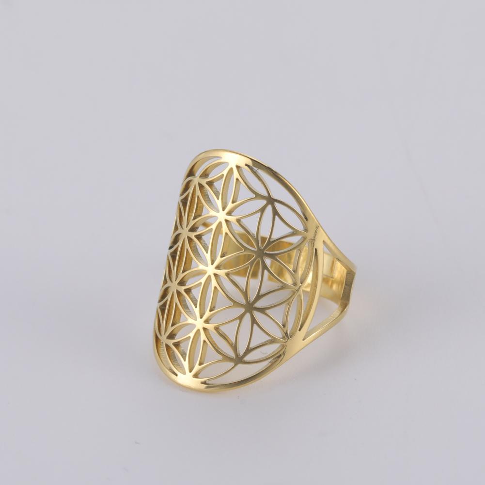 Dawapara Flower of Life Talisman Resizable Finger Rings for Men Women Hollow Adjustable Ring Stainless Steel Jewelry