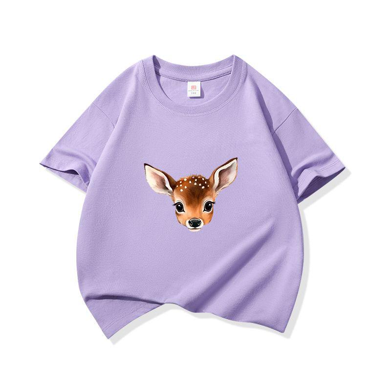 Kids Cotton T Shirt Cute Peeking Deer Print Crew Neck Short Sleeve Tee Casual Breathable Boys Girls Summer Tops