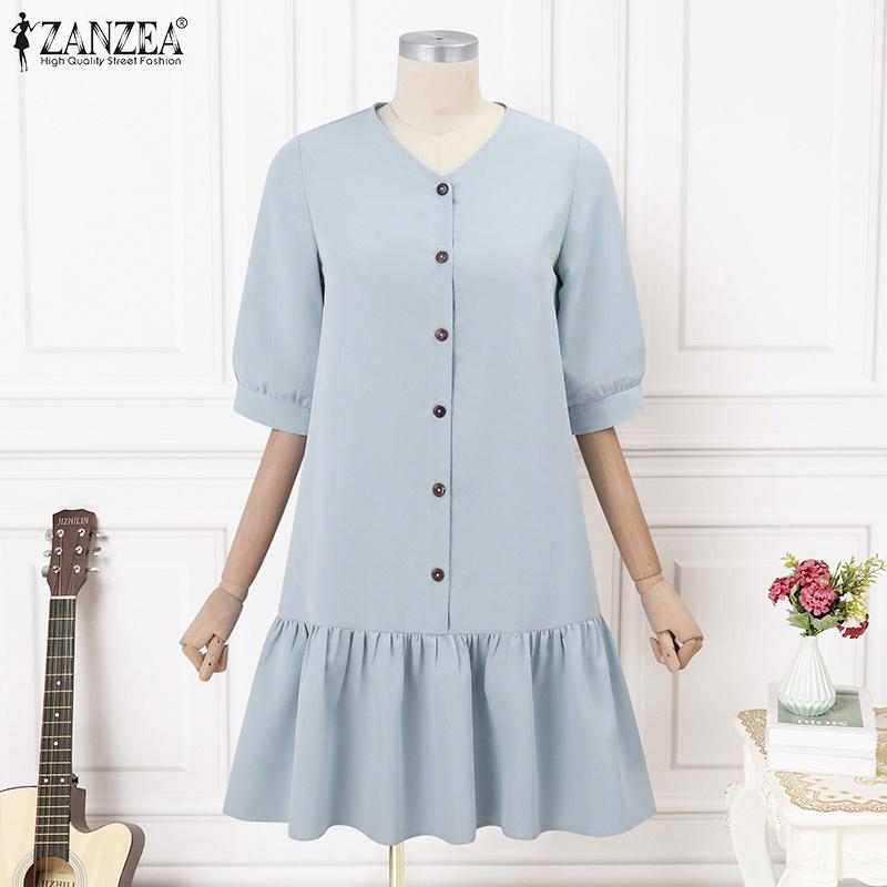 ZANZEA Women's V-neck 3/4 Sleeves Buttoned Pleated Solid Color Loose Dress