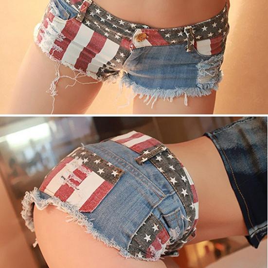 Kadın Yaz Seksi Yıldız Şerit Amerikan ABD Bayrağı Baskı Mini Kot Kot Şort