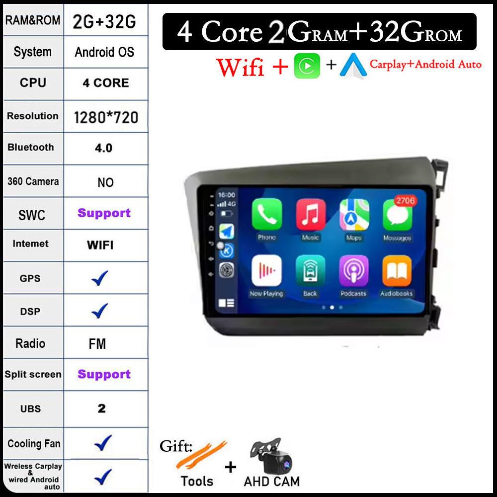 For HONDA INSIGHT 2 2009 2010 2011 2012 2013 2014 Android 14 Car Auto Radio Navi GPS Multimedia Player 4G+WIFI  Carplay Stereo