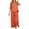 Damen Sommer 2-teiliges lässiges Leinen-Baumwoll-Outfit – Farblich besticktes Oberteil mit Dreiviertelärm und Cropped Hose, Leicht und atmungsaktiv