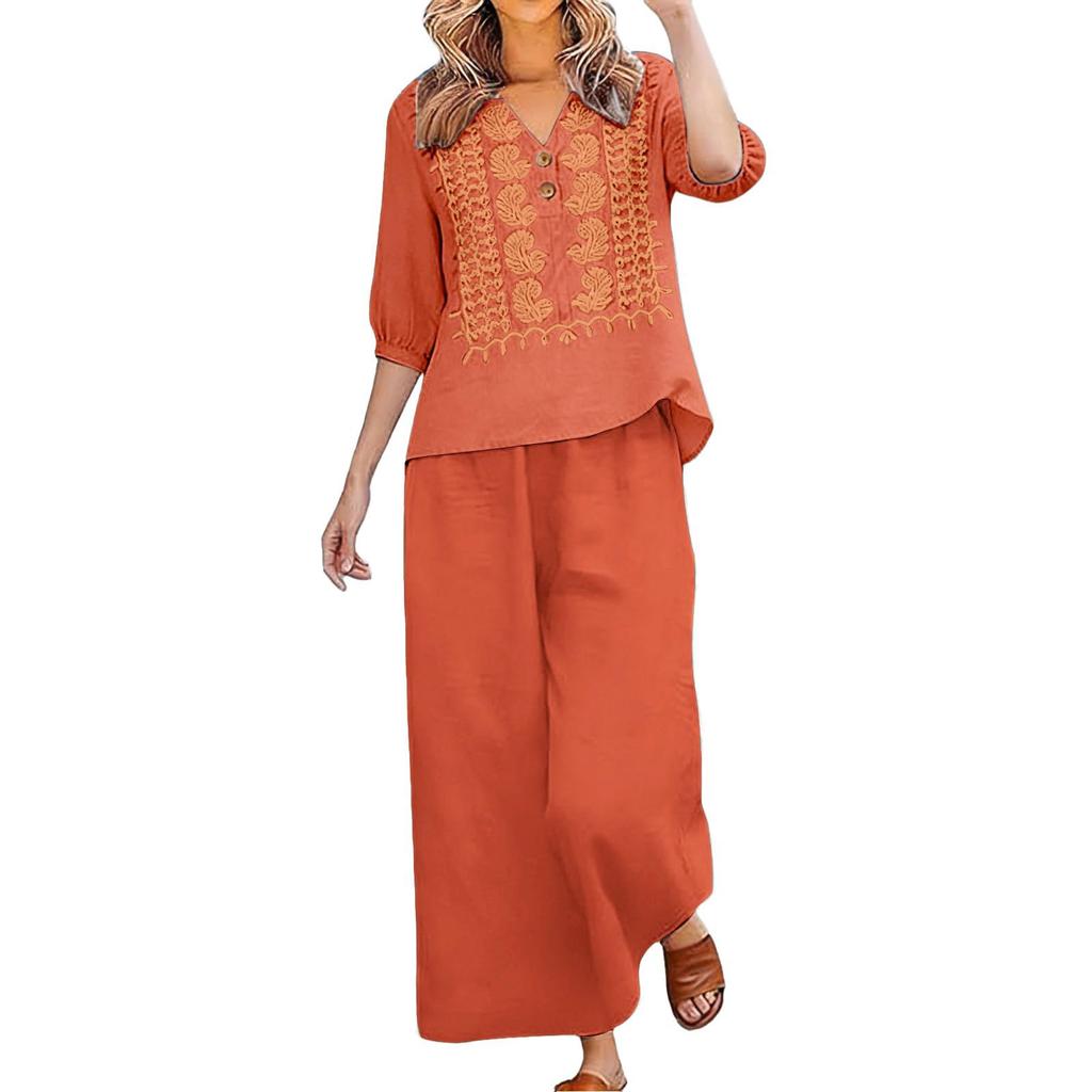 Damen Sommer 2-teiliges lässiges Leinen-Baumwoll-Outfit – Farblich besticktes Oberteil mit Dreiviertelärm und Cropped Hose, Leicht und atmungsaktiv