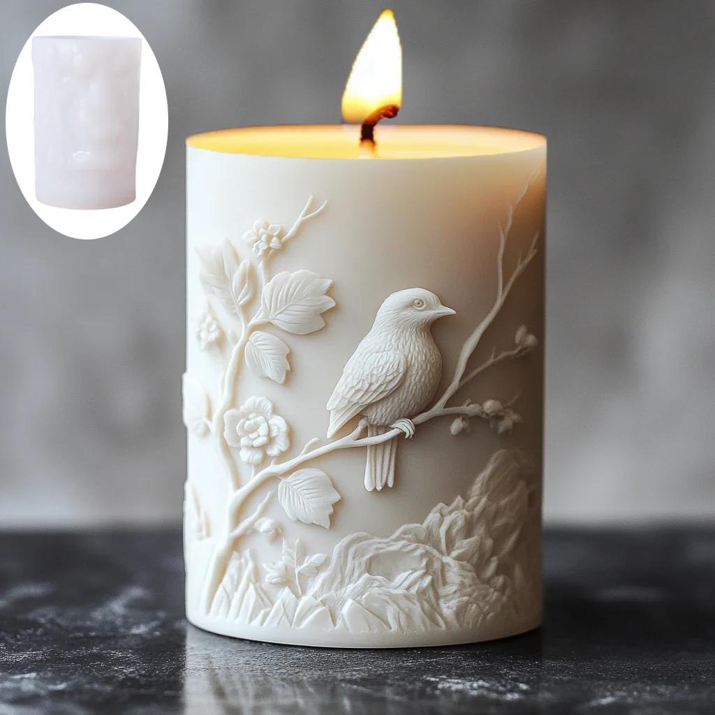 3D Bird branch relief cylindrical candle silicone mold bird Crow leaf branch resin mould Rose flower bird cement gypsum molds