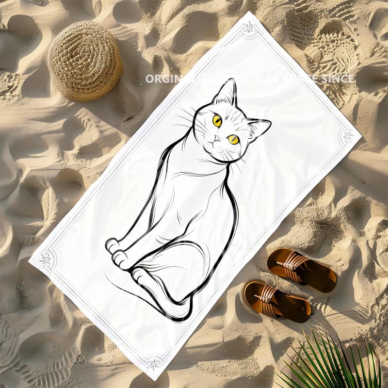 Minimalist Line Art Cat Beach Towel Patterned Sunscreen And Windproof Suitable For Swimming Pool Camping Travel Blanket