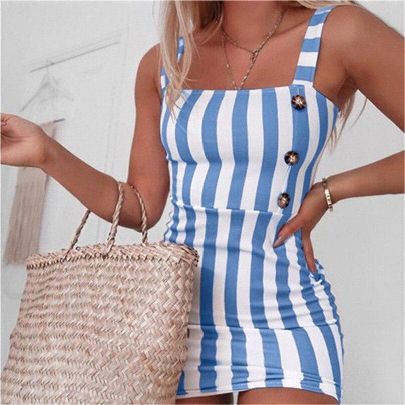 Sommer Sexy Frühling und Sommer Damen Retro Vertikal Gestreiftes Mini Charmantes Knopf Camisole Träger Sling Kleid