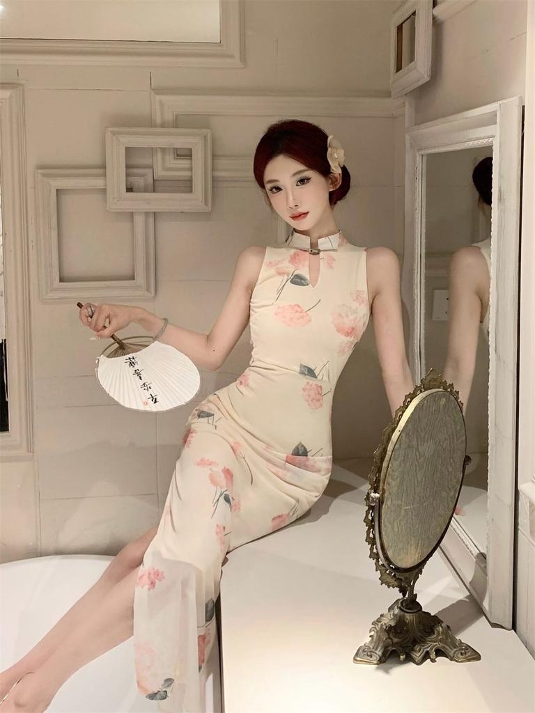 New Chinese-style Imperial Sister Improved Cheongsam Women's Summer New Sexy Pure Desire Printing Split-ended Hip-wrapped Neck Dress