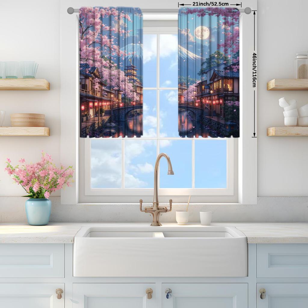 2 Panels Cherry Blossoms in Towns Under Mount Fuji Curtains   Shade and Privacy Protection   Suitable for Decorating Various Rooms