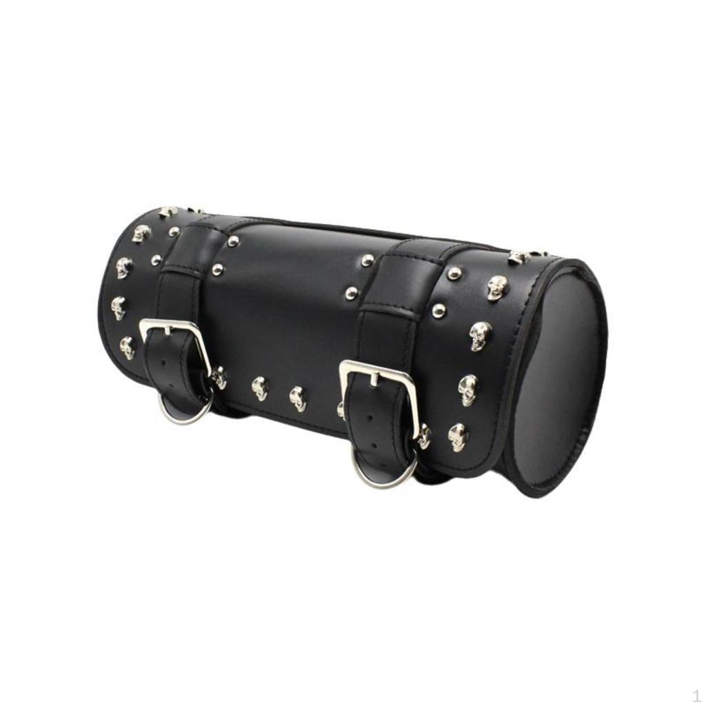 Motorcycle Tool Bag, Vintage Leather Saddlebag, Universal Handlebar Storage Black Studded 31x13x13cm