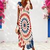 Women Plus Size V Neck Short Sleeve Navy Blue Printed Long Dress