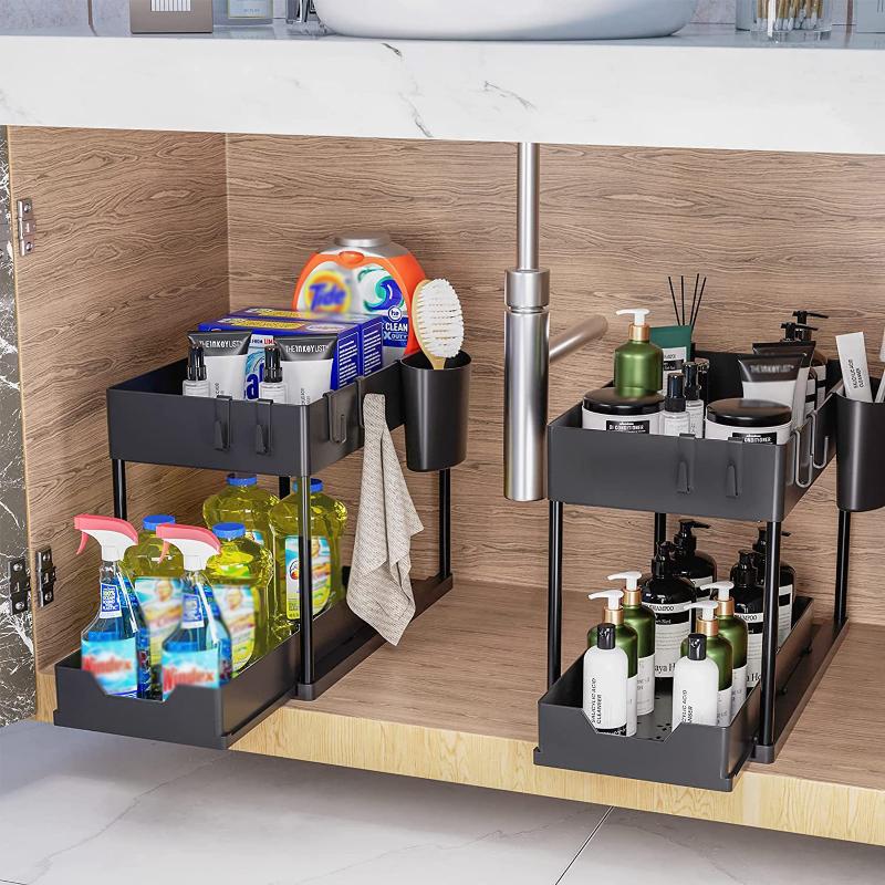 Multi Purpose 2Tier Kitchen Sink Organizer Sliding Basket Rack with Hooks Space Saving Shelves for Utility Room