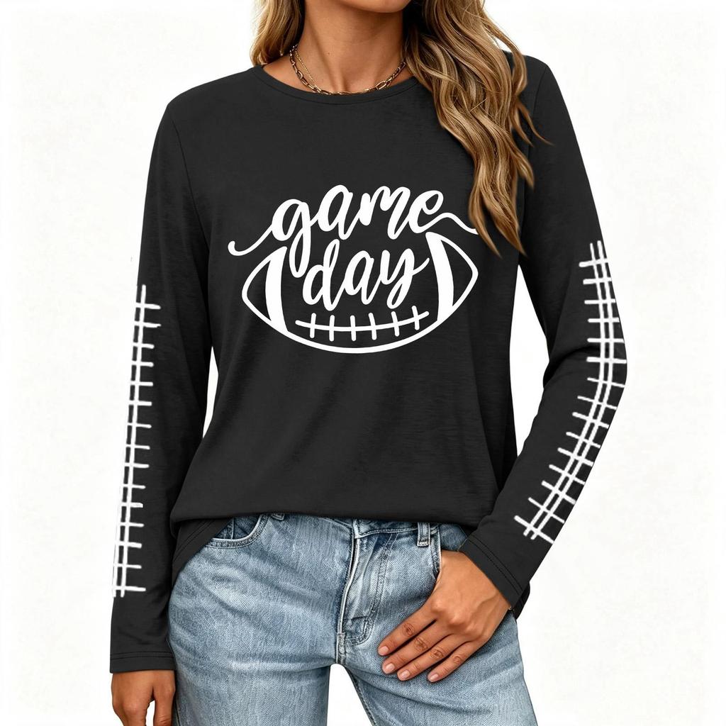 Women's Casual Long Sleeve Neck Top with Rugby Print and Side Slit for Everyday Wear
