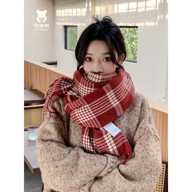 New Christmas Atmosphere Red Plaid Scarf Women's Winter Versatile Warm Thickened Student Scarf Tide