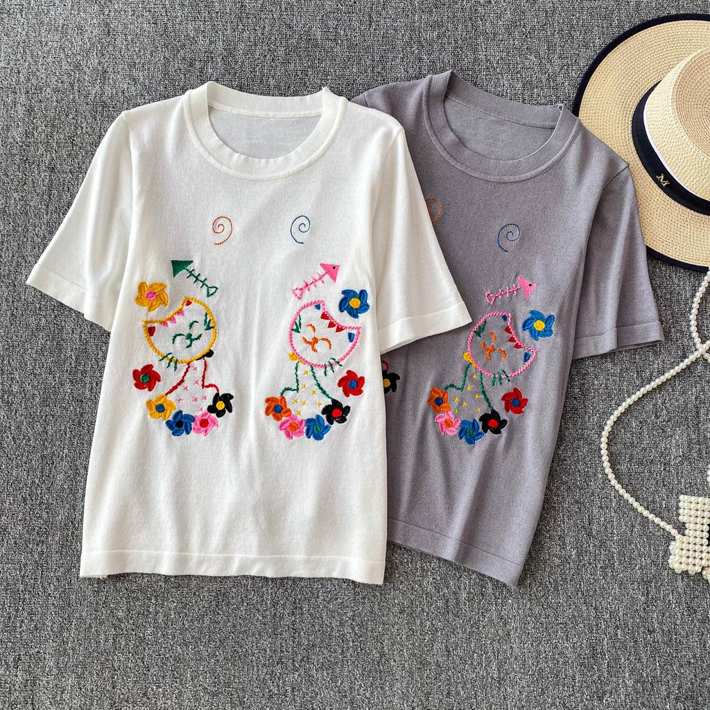 Summer Women College Sweet Cat Embroidery Knitted Sweater Pullover Tops For Girl
