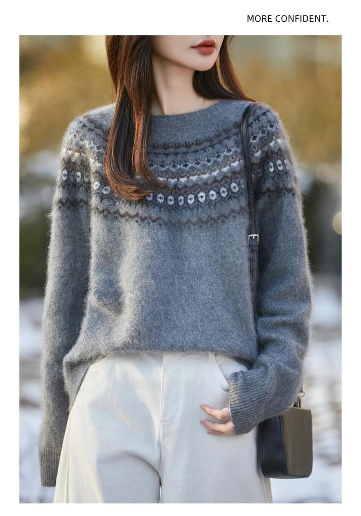 Women's Red Cashmere Fair Isle Heavy Knit Sweater - Autumn/Winter Round Neck, Super Thick and Stylish.