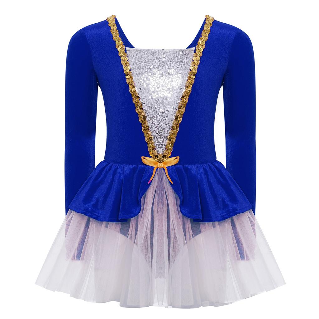 Mädchen Eiskunstlauf Performance Kleid Langarm Glitzernde Pailletten Patchwork Samt Tüllkleid Eingearbeiteter Slip Ballett Kostüm
