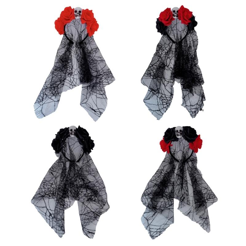 Rose Witch Costume Hair Hoop Gothic Dark Flower Skull Hair Styling for Live Show Headband Gothic Carnivals
