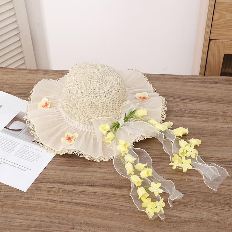 Summer Bow Sun Hat Female, Seaside Beach Vacation Sun Hat Outdoor Big Brim Sun Hat Sweet Straw Hat