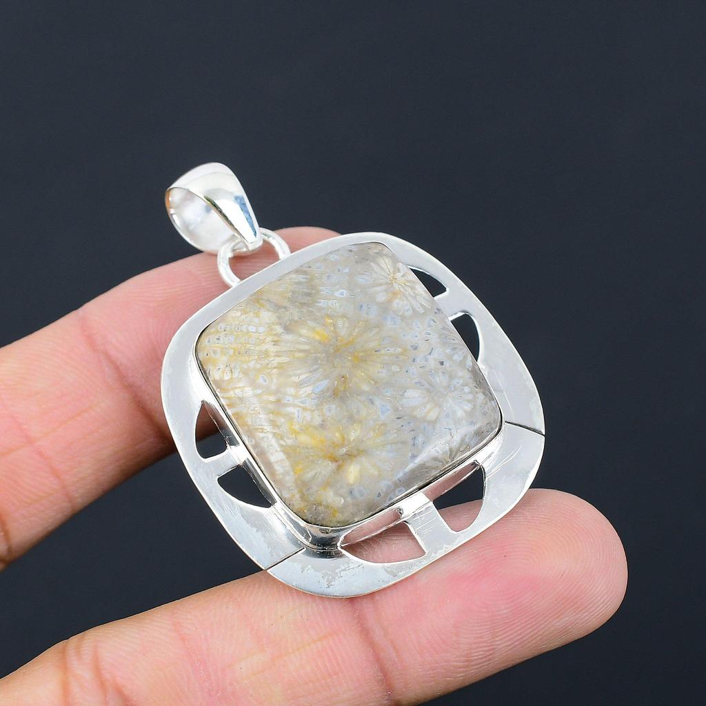 Natural Fossil Coral Gemstone Jewelry 925 Sterling Silver Pendant For Women