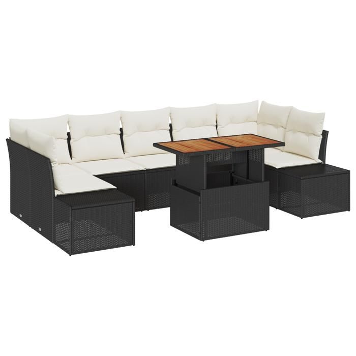 VidaXL Ensemble de salle à manger de jardin de 8 pièces avec coussins en poly rotin noir et acacia 3349928