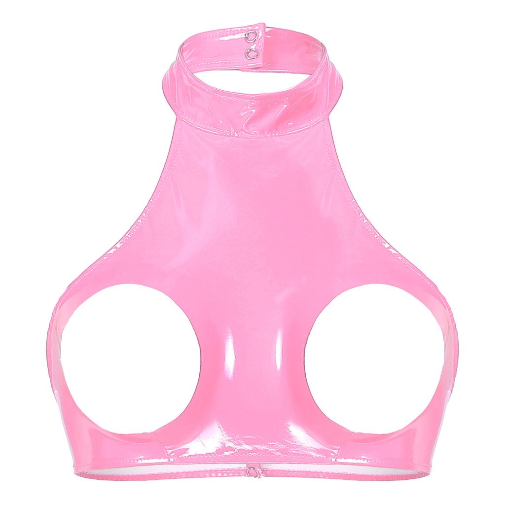 Sexy Women Wet Look Leather Cupless Cage Bra Top Sleeveless Halter Neck Backless Open Bust Crop Tank Tops Lingerie
