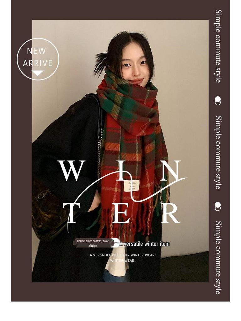 Korean Style Christmas Plaid Thick Scarf & Shawl - Warm & Versatile for Students