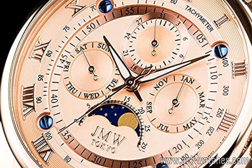 JMW TOKYO Men's Moon Phase Watch with Japanese Movement, 100m Water Resistance, Genuine Leather Strap, Roman Numerals (Pink Gold) [Limited to 300