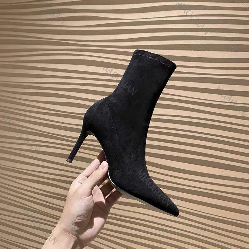 Fashion Comemore New Women Sexy Sock Boots 2025 Autumn Thin High Heels Pointed Toe Solid Black Suede Fashion Ankle Boots Women's Shoes