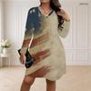 Women Plus Size V Neck Long Sleeve American Flag Printed Loose Curved Hem Dress