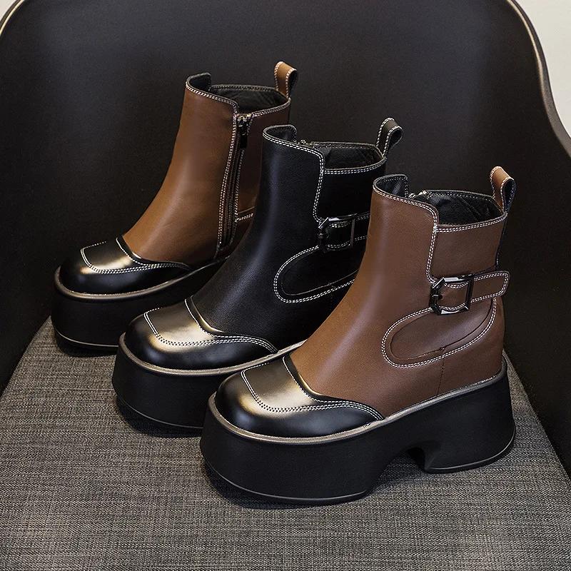 Fashion 11CM Suede Cow Genuine Leather Spring Autumn British Motorcycle Fashion ZIP Ankle Boots Platform Wedge Flats Women Shoes