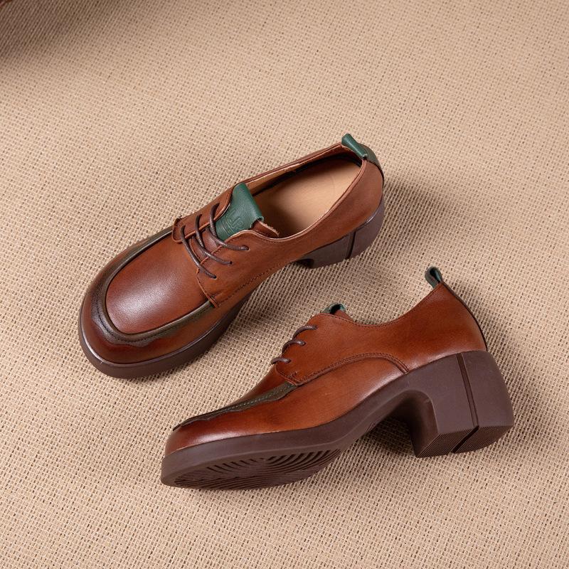 First layer cowhide loafers women's spring and autumn new British style retro lace-up wedge small leather shoes women's shoes single shoes women