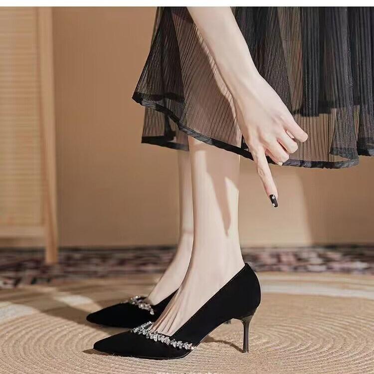 2025 spring and autumn new black pointed rhinestone trimmed high heels women's thin heels French sexy and beautiful shallow mouth single shoes