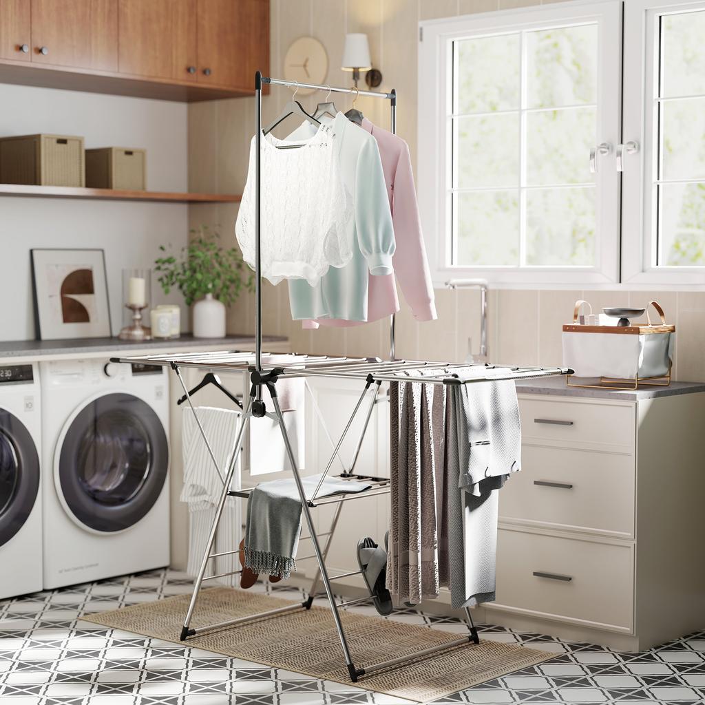 Foldable Clothes Airer, Standing Dryer with Adjustable Wings and Shoe Holders. Stainless Steel. 156.5 x 68 x 192 cm. Silver