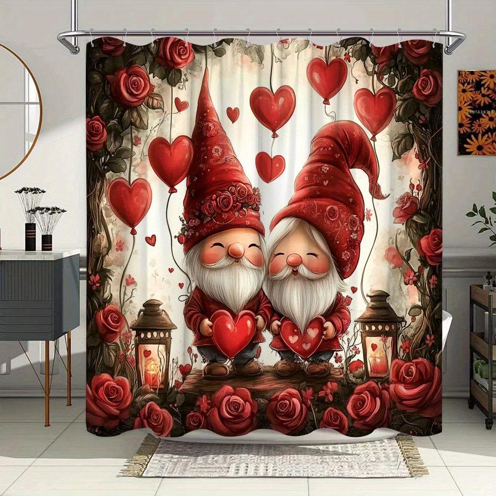 

Adorable Valentine s Day Gnomes Shower Curtain - Waterproof, Mildew-Resistant with Romantic Hearts and Roses for Bathroom Decor W90XH180cm