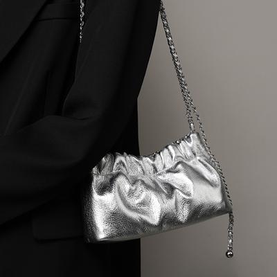 Popular Underarm Bag High End Cloud Fold Bag Women's Bag Head Layer Cowhide One Shoulder Crossbody Bag Golden Ball Chain