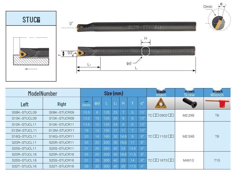 CNC Tool Holder 93° Internal: S10K/S12M/S16Q/S20R/S25S-STUCR11/STUCL11