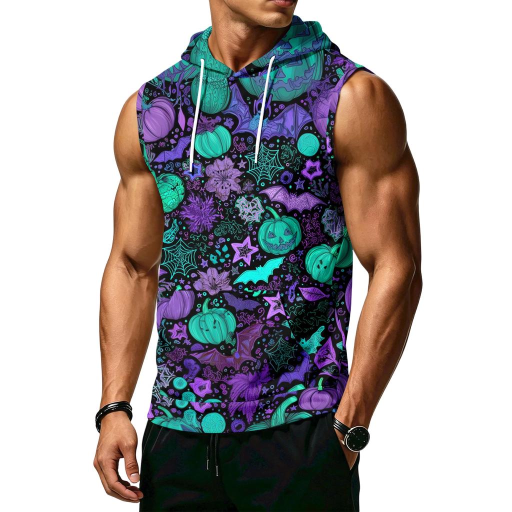Men's Print Sleeveless Hoodie with Pockets and Drawstring - Casual Tank Top Vest for Outdoor Sports