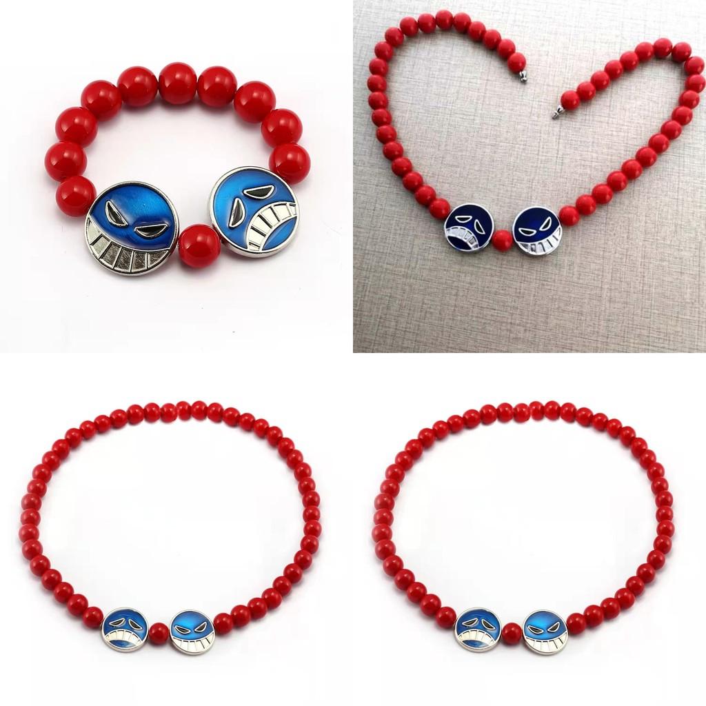 One Piece Portgas D Ace Halskette Whitebeard Piraten Anhänger Rotes Perlenarmband