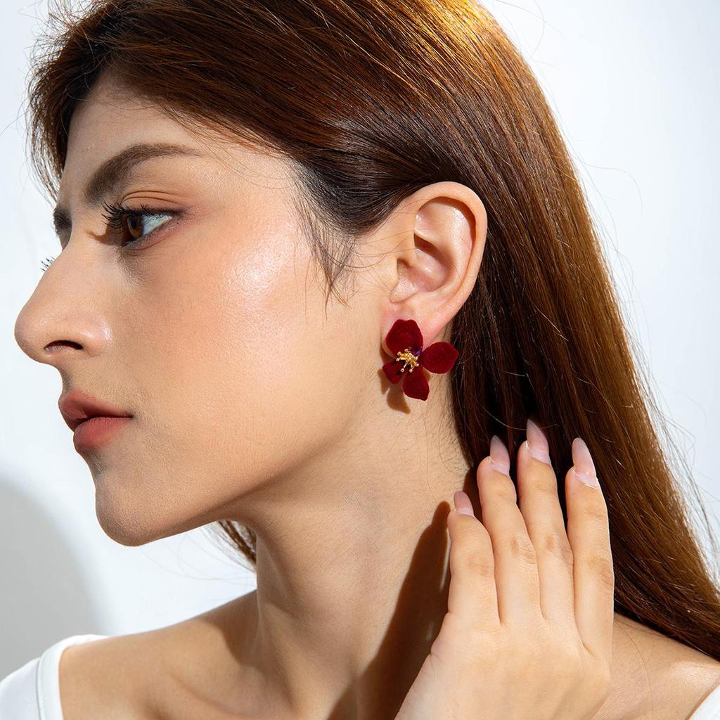 Fashionable Retro Red Velvet Flower Zinc Alloy Stamen Earrings for Women, Jewelry, Parties, Daily Matching Gifts
