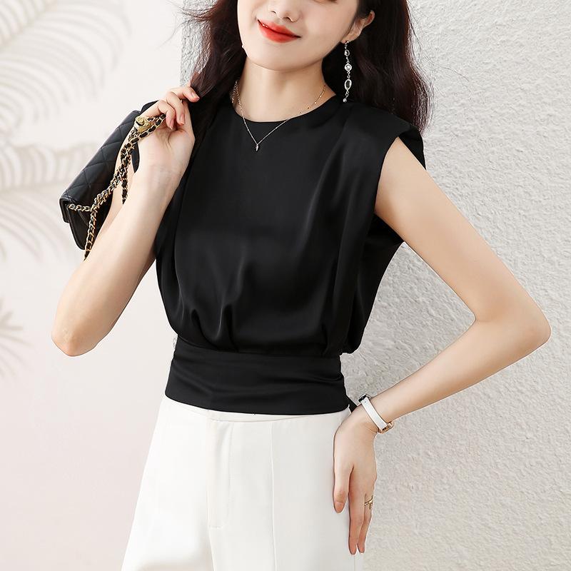 

Футболка с короткими рукавами для женщин, лето, новые бретели и талия, короткий топ, без рукавов, атласная рубашка 2XL чёрный
