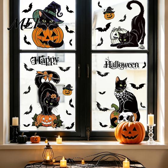 Reusable Holiday Window Film 4 Sheets Halloween Black Cat Clings, Spooky Pumpkin Bat Skull Decal Sticker, Double Sided Static Decals for Glass