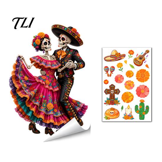 Mexican Fiesta Party Decorations Day of The Dead Window Clings, Halloween Double-Sided Skull Sticker, Ethnic Pattern Wall Art Colorful Flower Skeleton