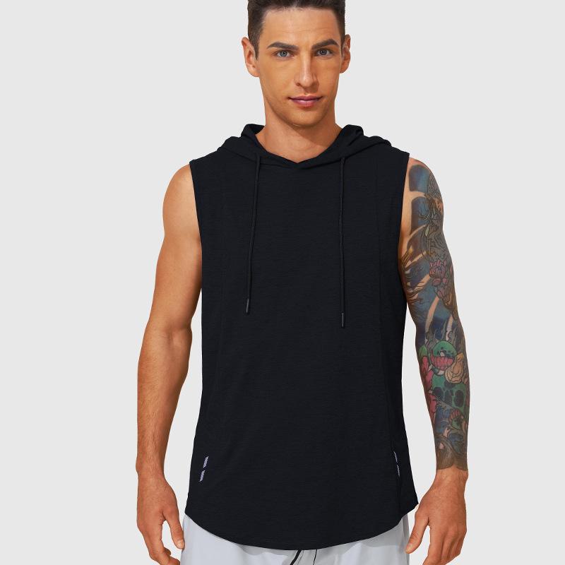 

Мужской летний быстросохнущий тренировочный жилет без рукавов с капюшоном M чёрный