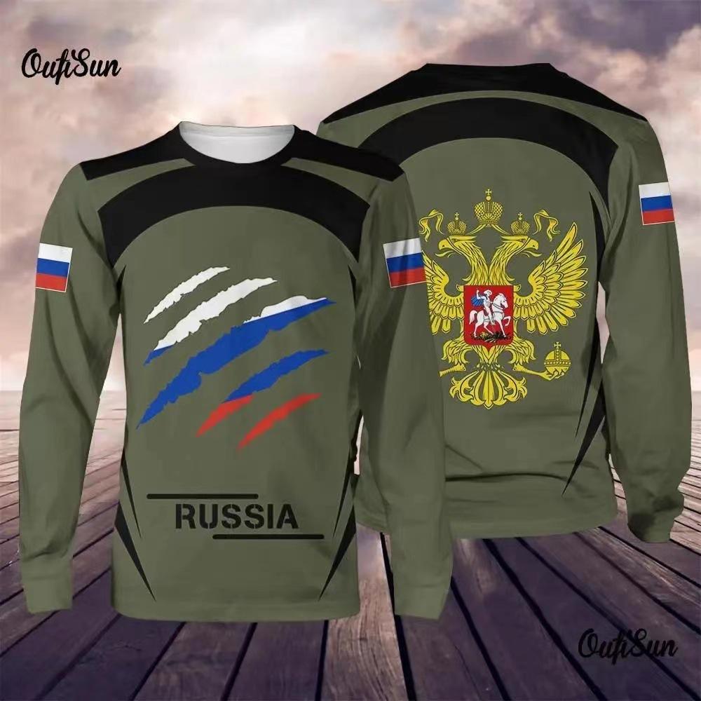 Round Neck 3D Russian Printed Top Casual Long Sleeved Men's T-shirts - Soft Medium Stretch Polyester Fabric Spring and Autumn Relaxed Fit Clothing