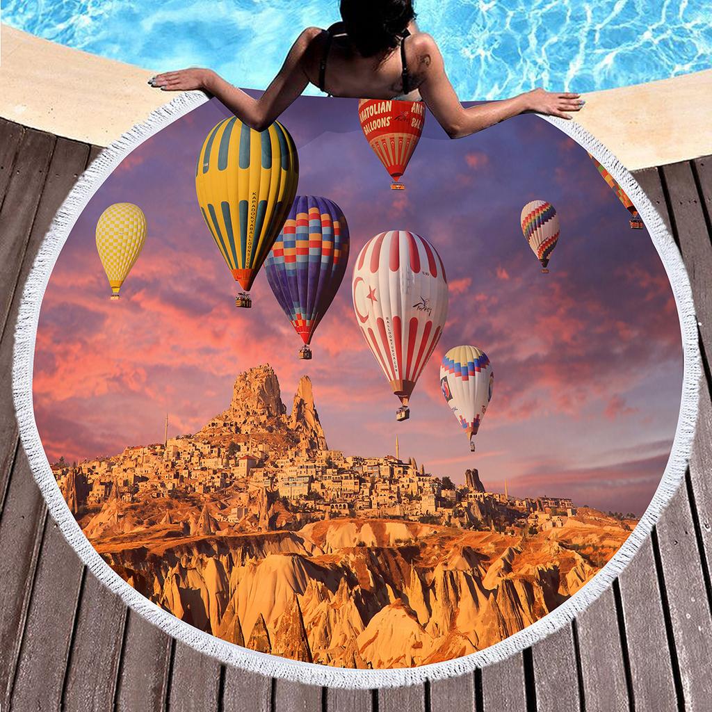 Romantic Round Beach Blanket,Hot Air Balloon Print Beach Towel,Anti-Sand Absorbent Quick-drying Pool Towel,Portable Picnic Mat
