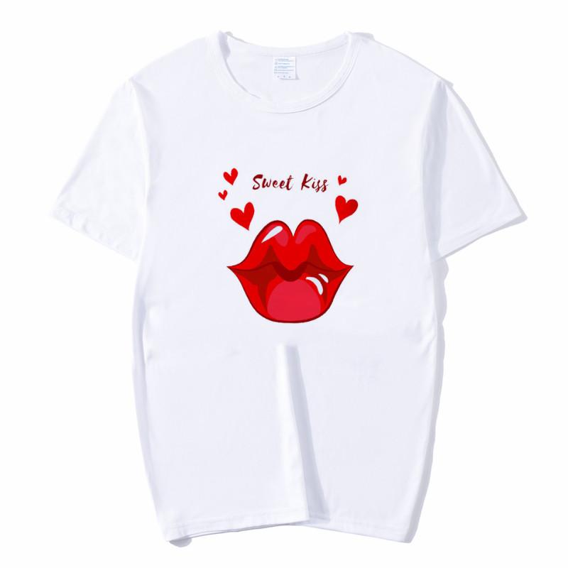 Summer Tops Red Mouth Lip Kiss Printed Women Fashion Tshirt Funny Leopard Graphic Tee