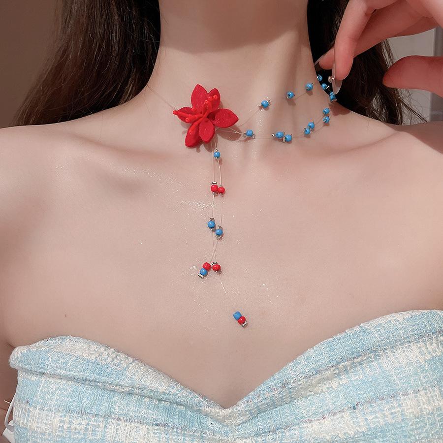 

Fashion Blue Beaded Flower Necklace for Women Girls Sweet Cool Handmade Beaded Tassel Necklace Aesthetic Jewelry Gifts