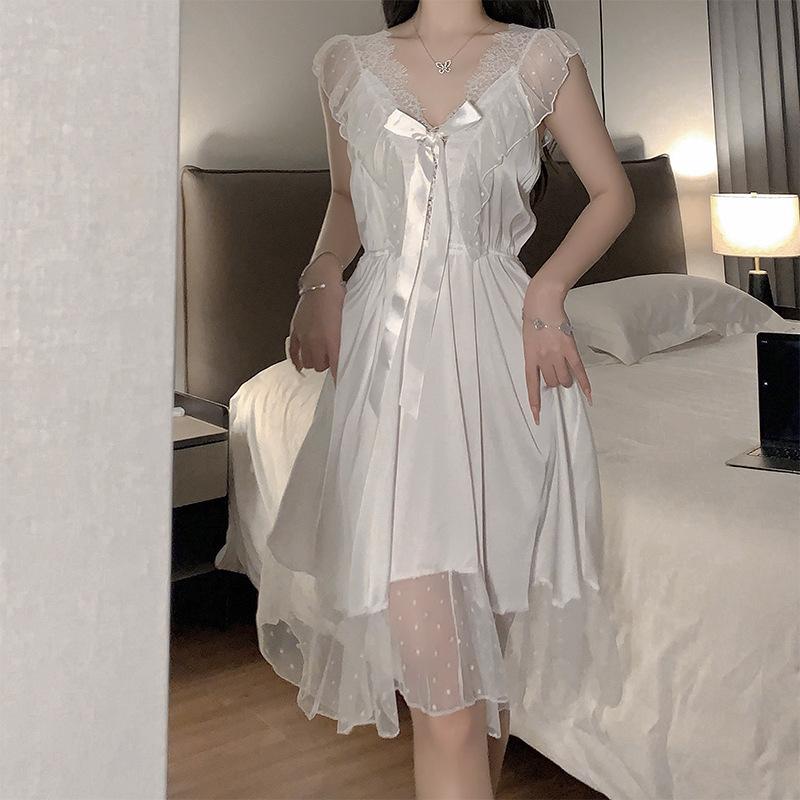 New sexy pajamas lace mesh deep V suspender pajamas women s pure desire loungewear set M белый