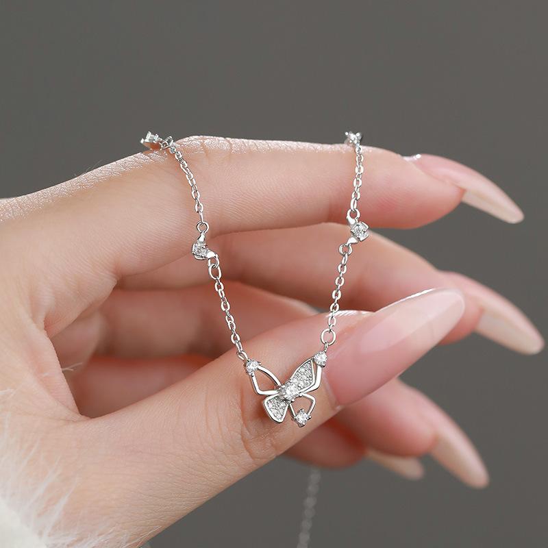 S999 Pure Silver Small Fresh Hollow Butterfly Necklace Sweet Literary Hundred Pagoda Temperament Sweet Collarbone Chain